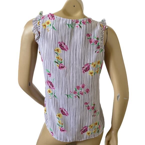 ELLE Womens Size XS Sleeveless Ruffled Striped Floral Print Tank Top Shirt - Picture 4 of 7